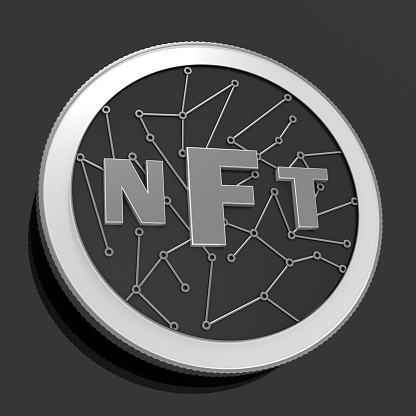 3d render. Silver coin NFT  on black background  with the network.  Pay for unique collectibles in games or art.