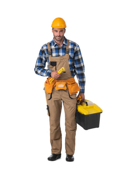 Handsome carpenter with tool box stock photo