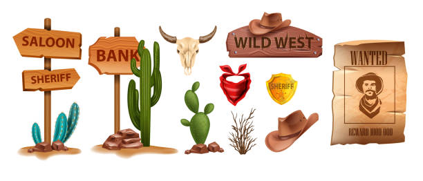 wild-west-vektor-icon-set, cartoon-spiel ui cowboy-objekt, sheriff goldenes abzeichen, kuhschädel auf weiß. - wanted poster wild west sign wood stock-grafiken, -clipart, -cartoons und -symbole