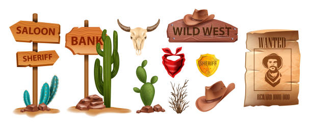 Wild west vector icon set, cartoon game UI cowboy object, sheriff golden badge, cow skull on white. Wanted parchment poster, wooden road sign board, canyon cactus, stone. Wild west adventure element texas road stock illustrations