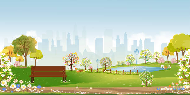 Spring landscape at city park in the morning, Natural public park with flowers blooming in the garden, Peaceful scene of green fields with blurry cityscape building, cloudy and sun on summer Spring landscape at city park in the morning, Natural public park with flowers blooming in the garden, Peaceful scene of green fields with blurry cityscape building, cloudy and sun on summer spring clipart stock illustrations
