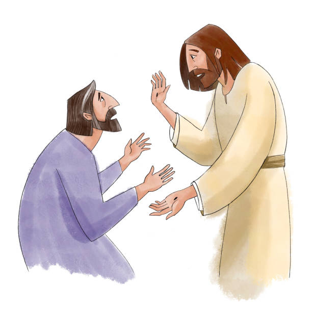 ilustrações, clipart, desenhos animados e ícones de jesus cristo mostra suas feridas a um tom em dúvida - believe miracle church forgiveness