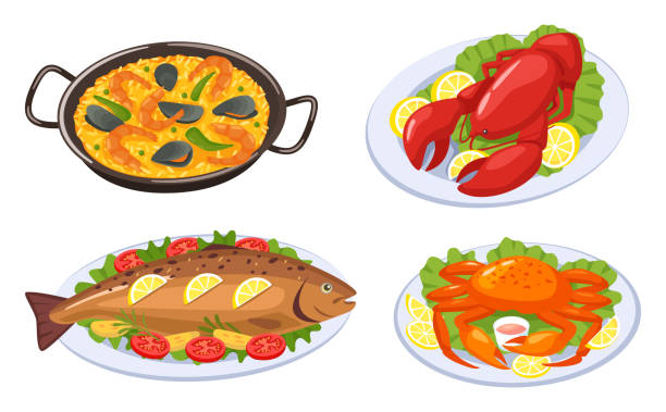 Cartoon seafood dishes. Lobster, crab, baked fish and paella with shrimps, mussels. Delicious food for restaurant vector art illustration