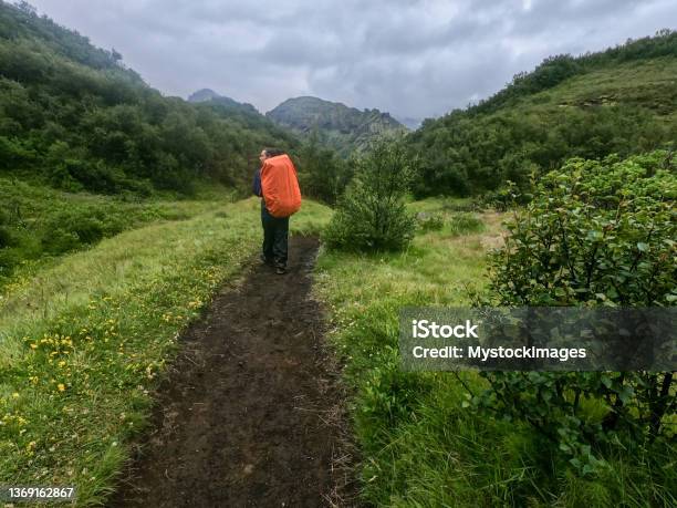 One Man On A Hiking Trail In Iceland Trekking Int He Rain Stock Photo - Download Image Now