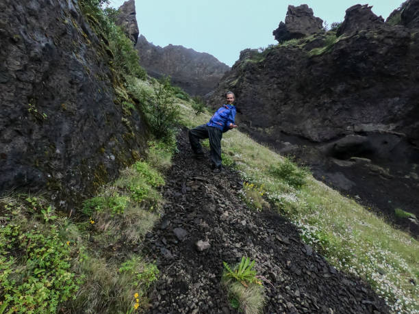 istock One man on a hiking trail in Iceland, he makes a face for the camera 1369162897