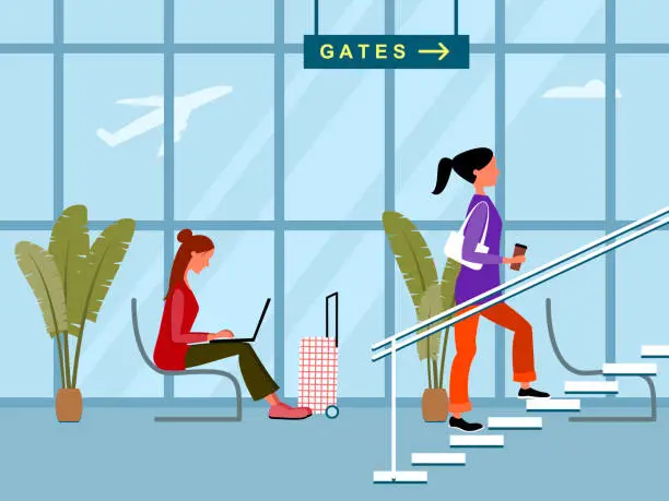 Vector illustration of brunette is sitting in a chair and studying at a laptop, a brown-haired woman is climbing the stairs in the airport terminal