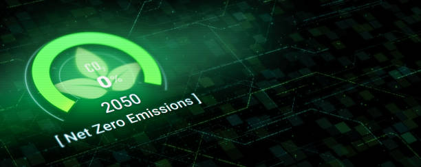 3D Digital dashboard of CO2 level gauge percentage drop down to 0 3D Digital dashboard of CO2 level gauge percentage drop down to 0. Net Zero Emissions by 2050 policy animation concept illustration, green renewable energy technology for clean future environment carbon neutrality stock pictures, royalty-free photos & images