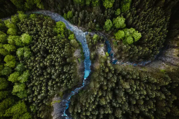 Aerial view of river flowing admist trees in forest in Artix, Nouvelle-Aquitaine, France