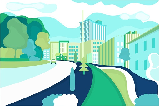 Vector poster with a city view and a road with buildings. Urban landscape.