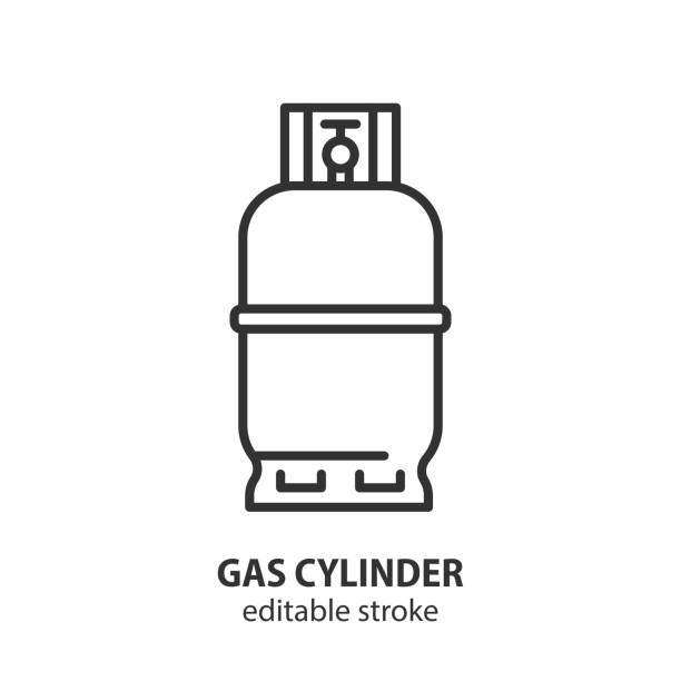 ilustrações de stock, clip art, desenhos animados e ícones de gas cylinder line vector icon. metal tank with industrial flammable fuel. - botija de gas