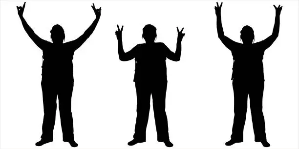 Vector illustration of The woman shows the gesture of victory with both raised hands. Female silhouette in pants, in a cap. Three women in different positions with their hands up. Black silhouette isolated on white. Photo.