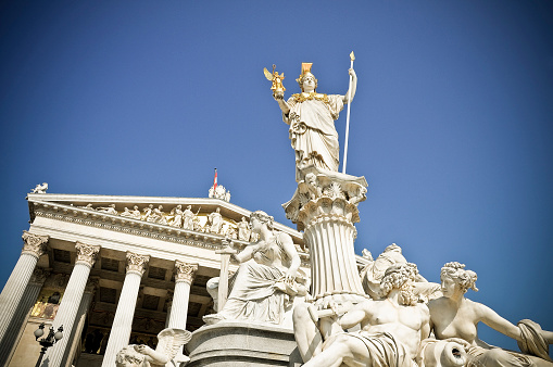 The statue of goddness Athena in front of the Austrian parliament in Vienna.