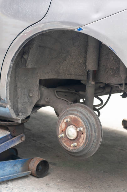 istock Rear drum break service and maintenance, break pad and cylinder during change new tyres. 1369167942