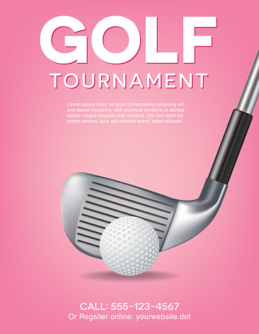 Golf Fundraiser Tournament Template with a gold ball and club on a brightly colored background. The text is on its own later for easier removal.