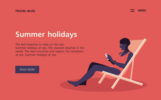 スマートフォン付きのラウンジチェアに座っている高齢女性。夏休み - outdoor chair illustrations点のイラスト素材／クリップアート素材／マンガ素材／アイコン素材