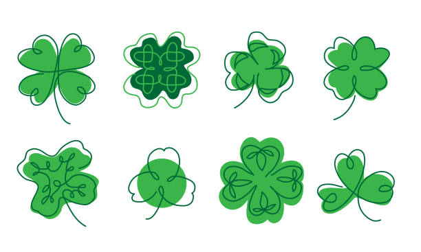 Cloverleaf vector icons set. The sign of fortune and luck for irish st patricks day celebration. One continuous line art drawing of cloverleaf symbol Cloverleaf vector icons set. The sign of fortune and luck for irish st patricks day celebration. One continuous line art drawing of cloverleaf symbol. shamrock stock illustrations