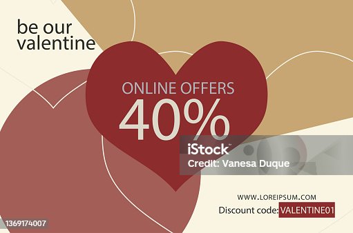 istock Valentine's day horizontal banner with abstract geometric hearts background. Vectored in flat style and muted colors. With the text Be our Valentine, Online offers 40%, and Discount code. 14th february sales flyer. 1369174007