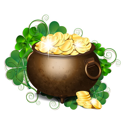 Brown iron cauldron full of gold coins isolated on white background. Stack of gold coins near the old pot. St. Patricks Day symbol. Vector illustration.