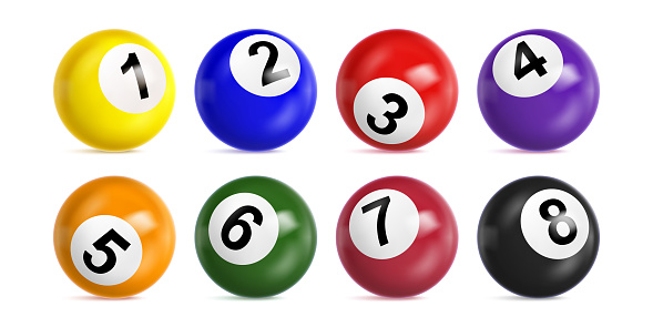 Bingo lottery balls with numbers from one to eight. Vector realistic set of 3d color balls for lotto keno game or billiard. Glossy spheres for casino gambling and snooker isolated on white background