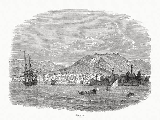 이즈미르 (smyrna), 터키, 나무 조각에 대한 역사적 전망, 출판 1862 - izmir stock illustrations