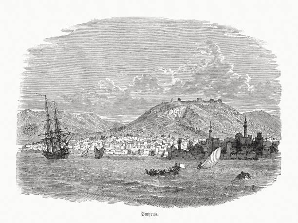 ilustrações, clipart, desenhos animados e ícones de vista histórica sobre izmir (smyrna), turquia, gravura de madeira, publicada em 1862 - izmir