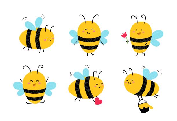 ilustraciones, imágenes clip art, dibujos animados e iconos de stock de divertidas abejas melíferas lindas dibujadas a mano. colección de insectos voladores. ilustración vectorial. - abeja