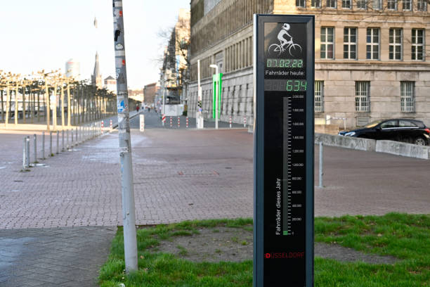 Duesseldorf, Germany, February 7, 2022 - Electronic cyclist counter on Mannesmann Ufer in Duesseldorf