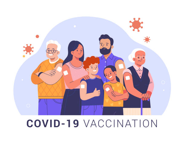 COVID-19 Family Vaccination concept. Vector cartoon illustration of a group of different ages people: adults, the elderly, and children with an adhesive plaster on their shoulder after vaccination bandage arm stock illustrations