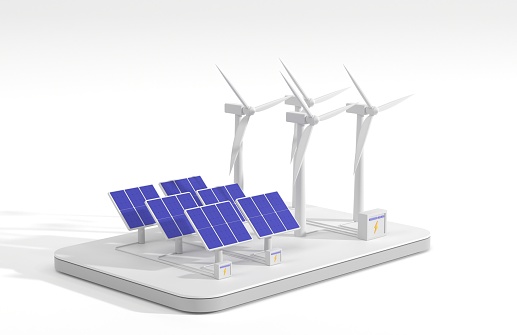 3d render, wind turbines and solar panels with battery isometric landing page. Renewable green energy industry, electricity production, eco friendly power generation, environmental protection.