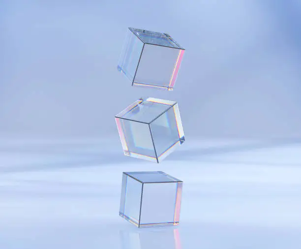 Photo of 3d render, glass or plastic cubes flying in different angles on blue texture background. Clear square boxes of acrylic or plexiglass, crystal block set, realistic mockup glowing geometric objects