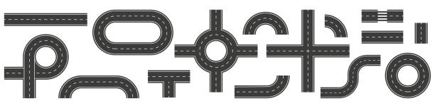 ilustrações de stock, clip art, desenhos animados e ícones de a set of parts of an asphalt road to create your roadmap. vector illustration - road top view
