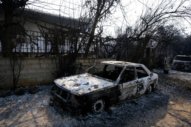 山火事の後、森の中で焼けた車が見える - house car burnt accident ストックフォトと画像