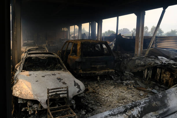 un'auto bruciata viene vista nella foresta dopo un incendio - house car burnt accident foto e immagini stock