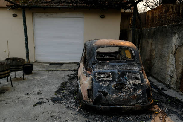 ein verbranntes auto ist nach einem waldbrand im wald zu sehen - house car burnt accident stock-fotos und bilder