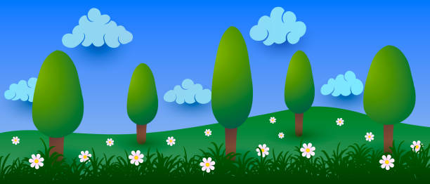 istock Summer cartoon landscape. Vector clouds, birds and trees on green flowering grass 1369186153