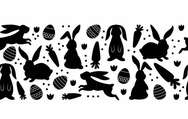 Vector illustration of Happy Easter.  Horizontal seamless pattern with eggs, carrots, flowers and bunnies. Black and white silhouette