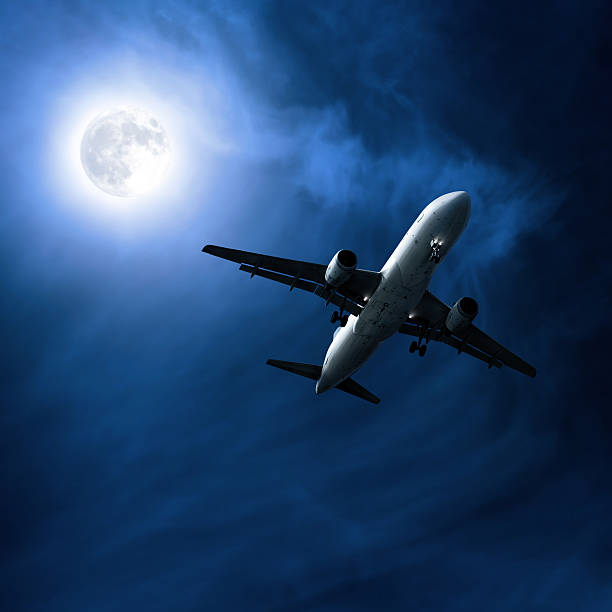 istock jet airplane landing at night 136918794