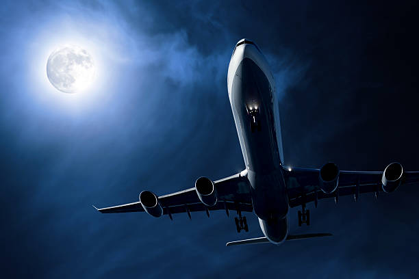 istock jet airplane landing at night 136918877