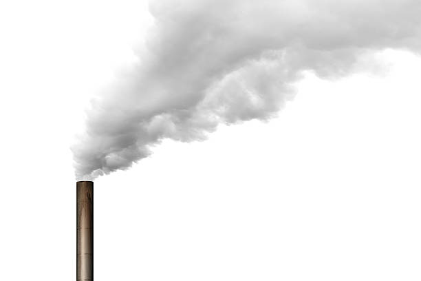 XL air pollution thick white smoke with chimney, isolated on white (XL) smoke stack stock pictures, royalty-free photos & images