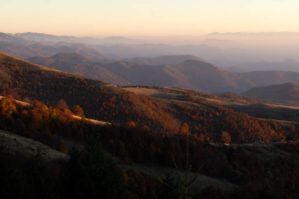 Paisaje otoñal de la brumosa cordillera serbia al amanecer temprano en la mañana. - foto de stock