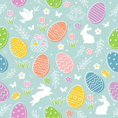 Easter seamless pattern icons with colorful eggs, flowers, bunnies and butterfly. Holiday design for background or wallpaper.
