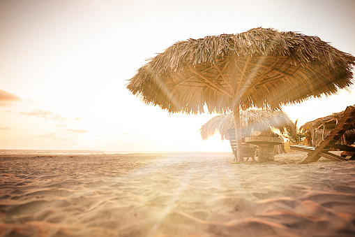 sombrilla de playa con techo de sol de palapa en el caribe photo