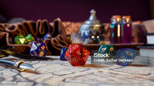Closeup Of A Red D20 And D10 Stock Photo - Download Image Now - Role Playing Game, Dice, Dragon