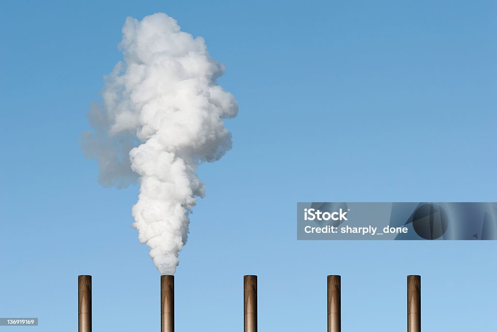 XXL air pollution thick white smoke with blue sky (XXL) Greenhouse Gas Stock Photo