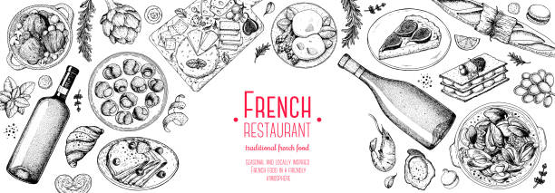 french food top view, hand drawn. classic french dishes. food menu design template. hand drawn sketch vector illustration. cheese, wine, bakery, gourmet food. - fransız mutfağı stock illustrations