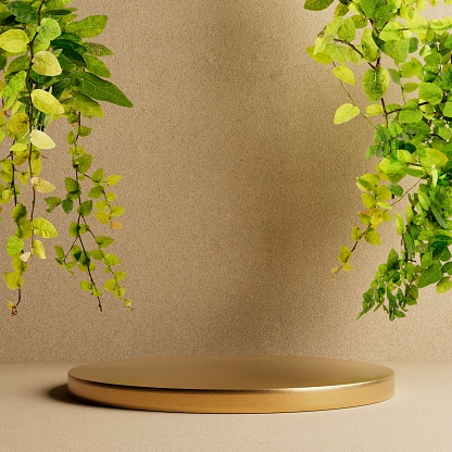 Product podium stage for mockup presentation, nude color, natural texture, plants background