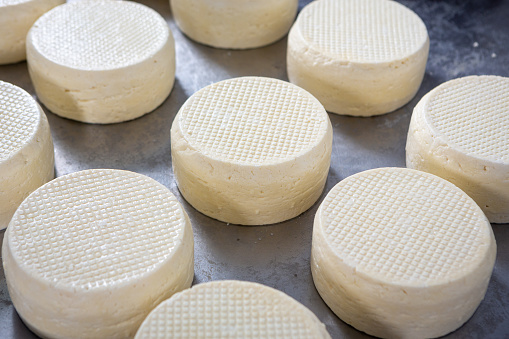 Closeup of beautiful fresh artisanal cheeses at a dairy farm in Minas Gerais, Brazil. Concept of food, healthy food, health, wellbeing, cooking, ingredient.