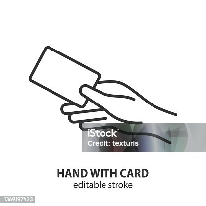 istock Hand with credit card line icon. Contactless card payment vector symbol. 1369197423