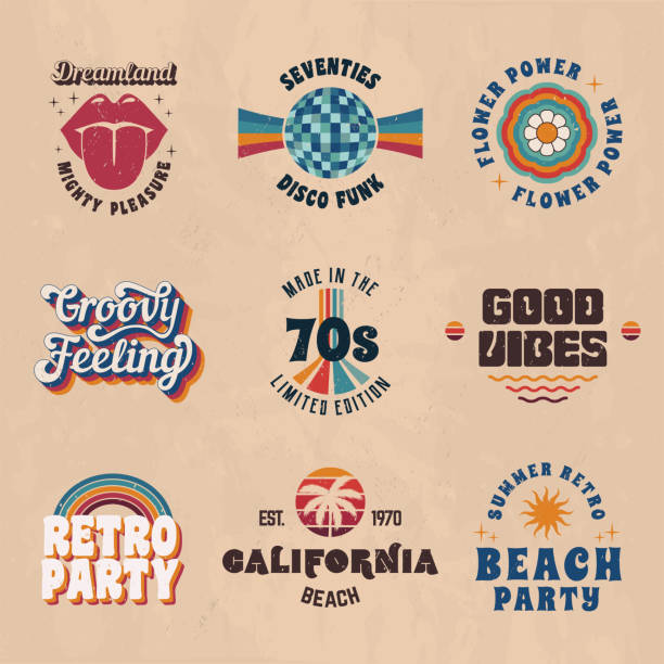 Set of vintage. 1960s, 1970s Retro designs. 9 Vector retro 70's logos set. Retro prints for T-shirt, typography. Vector illustration Vector illustration hippie fashion stock illustrations