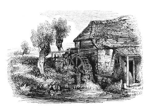 A mill with a waterwheel beside a river. Illustrations are Wood-Engravings published in an 1841 nonfiction book about fish. Copyright has expired and is in Public Domain.